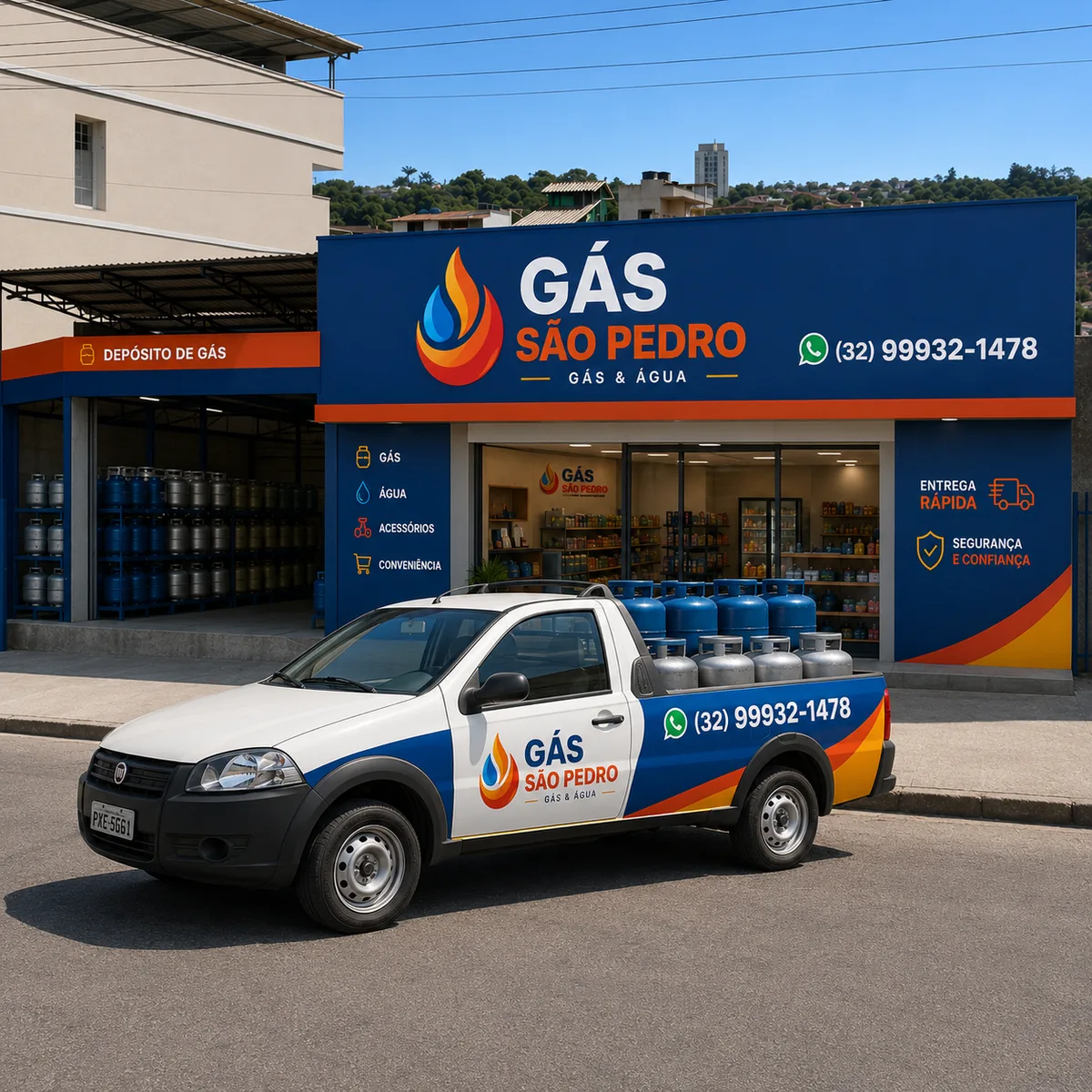 Picape de entrega da Gás São Pedro carregada de botijões em frente à loja
